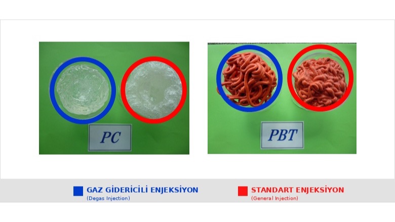 Kaynak uygulama görselinde PC ve PBT numunelerinde degas enjeksiyon ile genel enjeksiyonun görsel karşılaştırması (uygulama örneğidir, kesin performans garantisi değildir)