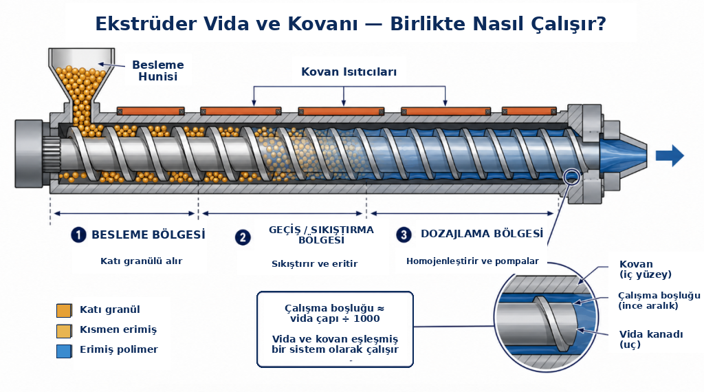 Ekstrüder vida ve kovanının birlikte çalışma yapısını gösteren teknik şema